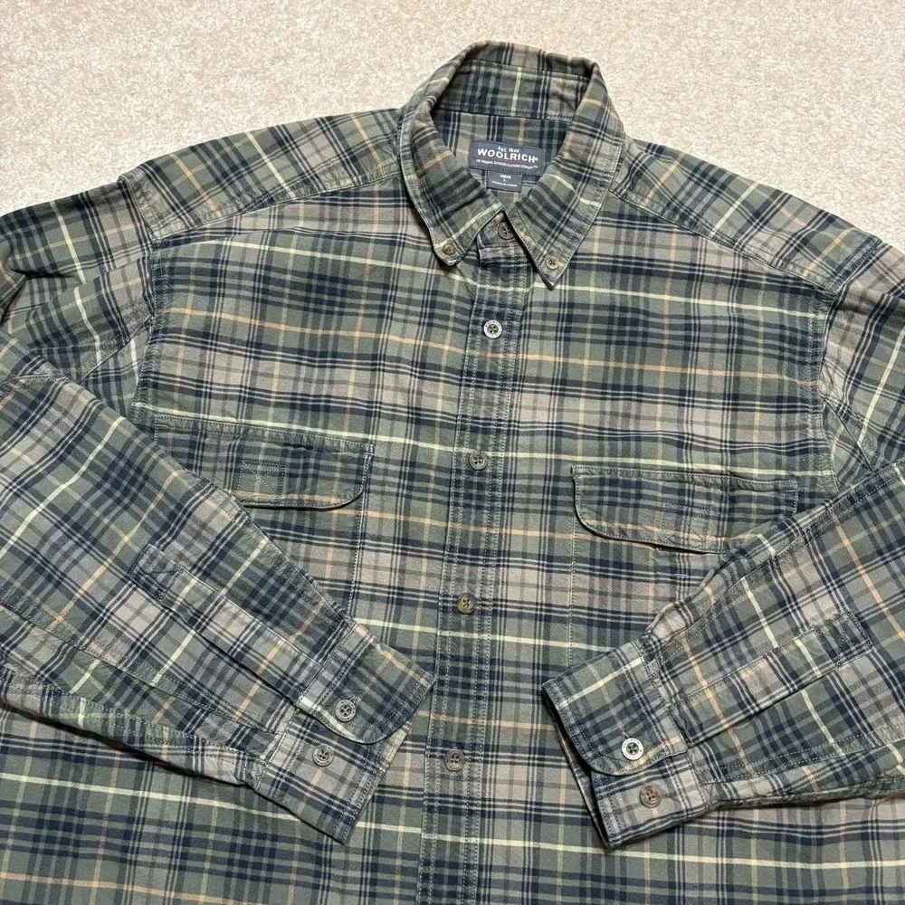Woolrich Shirt Mens Large Green Plaid Button‎ Front Long Sleeve Outdoor Hiking